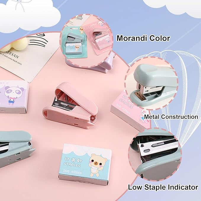 Mini Stapler with Staples & Remover, 25 Sheet Capacity, 2800 Standard Staples, Cute Pink & Green