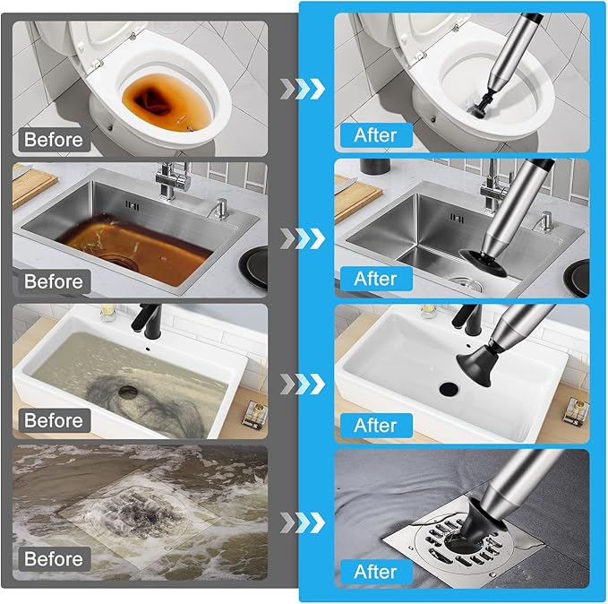 WOHPW Fast High Pressure Toilet Plunger with Real-Time Barometer | Heavy Duty Air Drain Blaster & Unclogger Tool for Bathroom, Toilets, Sinks, Tubs, Pipes | Clog Remover Kit & Toilet Snake Alternative