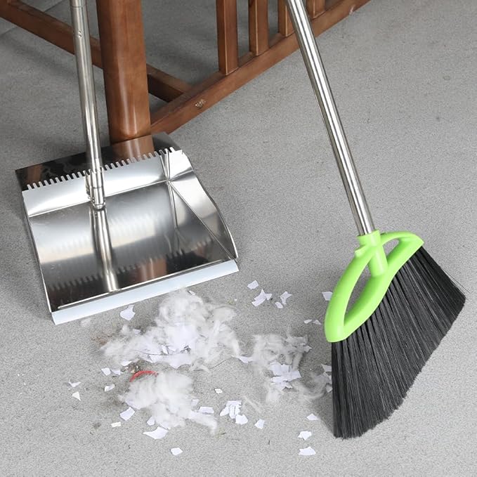 Metal Dustpan Long Handle Stainless Steel Dustpan,Heavy Duty Standing Dust Pan with Teeth, Indoor Outdoor Up for Home Kitchen Lobby Room Office