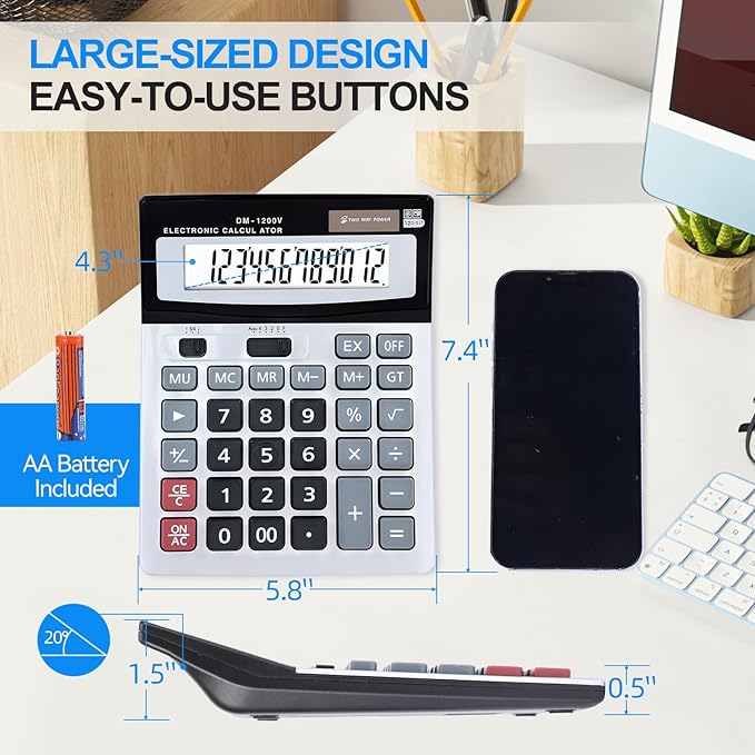 Desktop Calculator 12-Digit with Extra Large LCD Display, Big Buttons for Accounting & Office/School/Home Use - Dual Power (Solar/Battery)