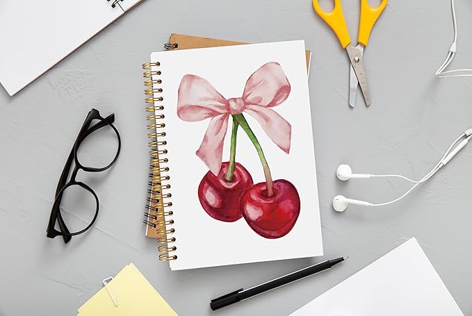 Cherry Notebook, Coquette Pink Bow Preppy Journal Notebook for Note Taking Work, Cute Girly Notebook, Aesthetic Notebook, Pink Office Supplies, Spiral Notebook 5.5x8.3 Inch