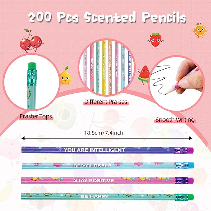 200 Pcs Scented Pencils Bulk, Fun Pencils with Eraser, Cute Wood Pencil with Inspirational Motivational, Wooden Pencil for Classroom Student Reward Girls Boys Gifts Supplies,8 Fruit Styles