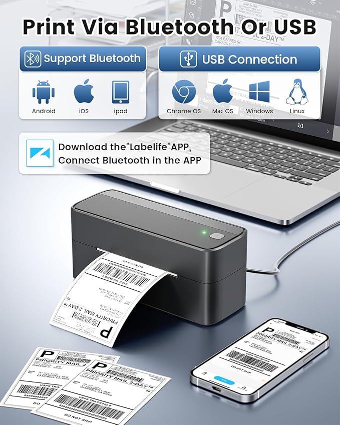 Phomemo Bluetooth Shipping Label Printer, 241BT 4X6 Wireless Thermal Printer for Samll Business, Label Printers for Shipping Package, Compatible with iPhone, Android, Amazon, Shopify, UPSP, Gray