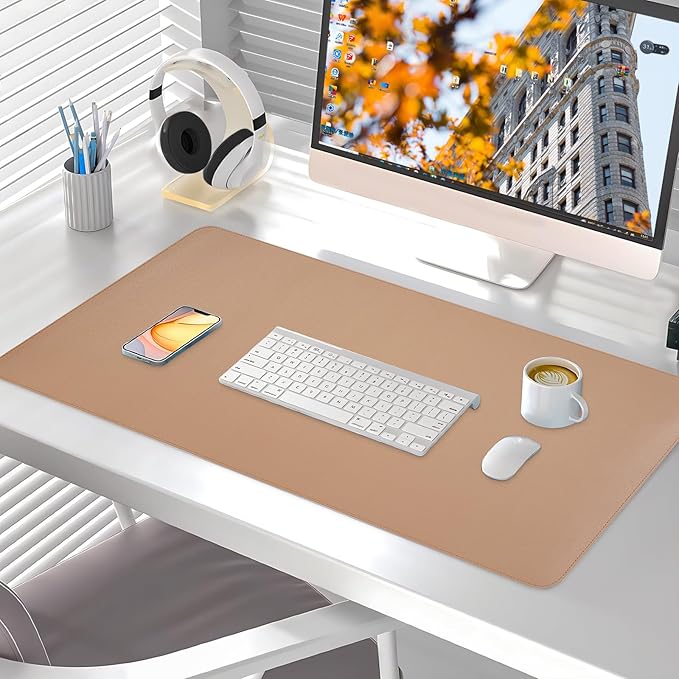 Dual-Sided Desk Pad, Large Mouse Pad, Natural Cork & PU Leather Non-Slip Waterproof Desk Mat for Office and Home (Khaki, 31.5" x 15.7")
