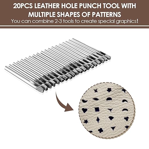 ZJchao 20pcs Leather Punch Set Multiple Shapes Carbon Steel Hollow Punch for Belts Watch Straps Wallets Fabric Thin Leather 5mm Belt Hole Puncher