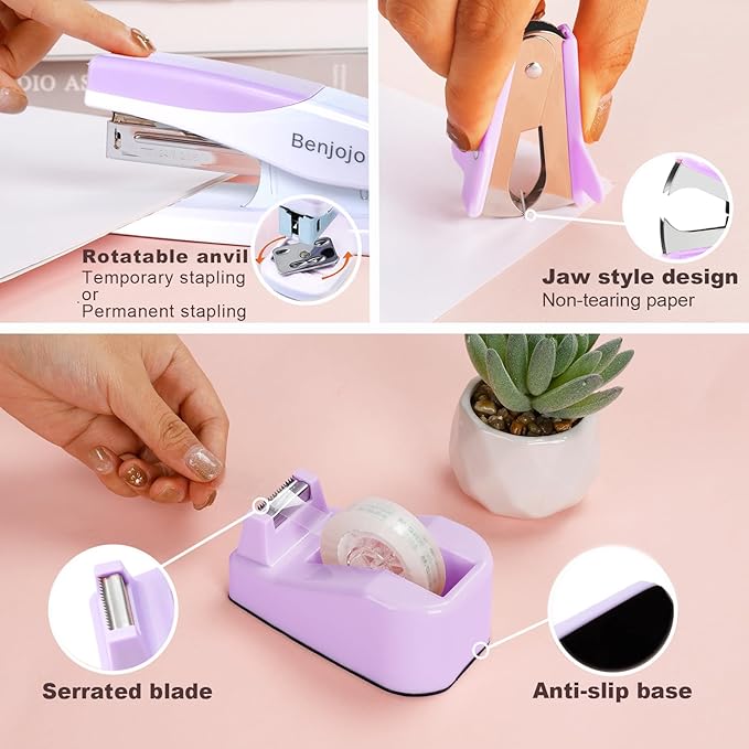 Purple Office Supplies, Purple Desk Accessories for Women, Cute Stapler and Tape Dispenser Set- Staple Remover, Clips, Staples, Scissor, Knife, Ruler, Tabs, Gift for Coworkers, Students
