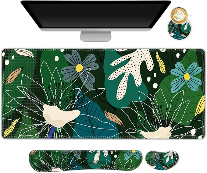 ARTSO Large Mouse Pad Wrist Rest Set,Extended Desk Mat+Keyboard Wrist Rest+Mouse Wrist Support+Coaster, 4in1 Non-Slip Desk Protector Pad Blotter for Home Office-Green Leaves Flowers Abstract