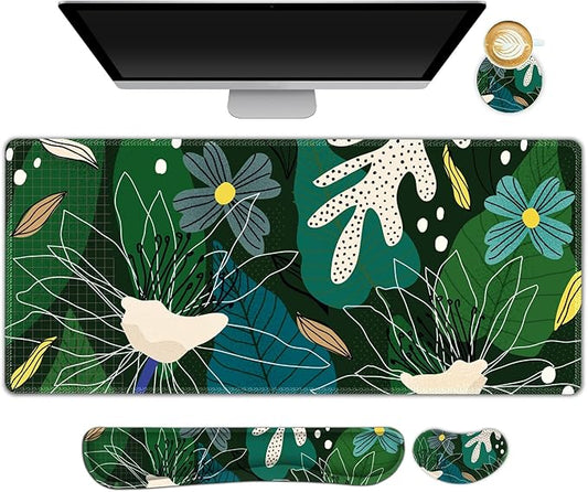 ARTSO Large Mouse Pad Wrist Rest Set,Extended Desk Mat+Keyboard Wrist Rest+Mouse Wrist Support+Coaster, 4in1 Non-Slip Desk Protector Pad Blotter for Home Office-Green Leaves Flowers Abstract