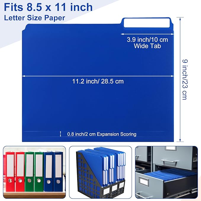 48 Pack Colored Plastic File Folders with Tabs and Sticky Labels Sturdy 1/3 Cut Tab Manila File Folders Letter Size 8. 5 x 11 Inch for Office Home Supplies Organizer Documents(Blue)