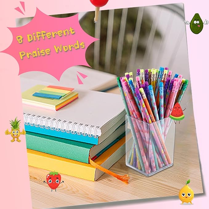 200 Pcs Scented Pencils Bulk, Fun Pencils with Eraser, Cute Wood Pencil with Inspirational Motivational, Wooden Pencil for Classroom Student Reward Girls Boys Gifts Supplies,8 Fruit Styles