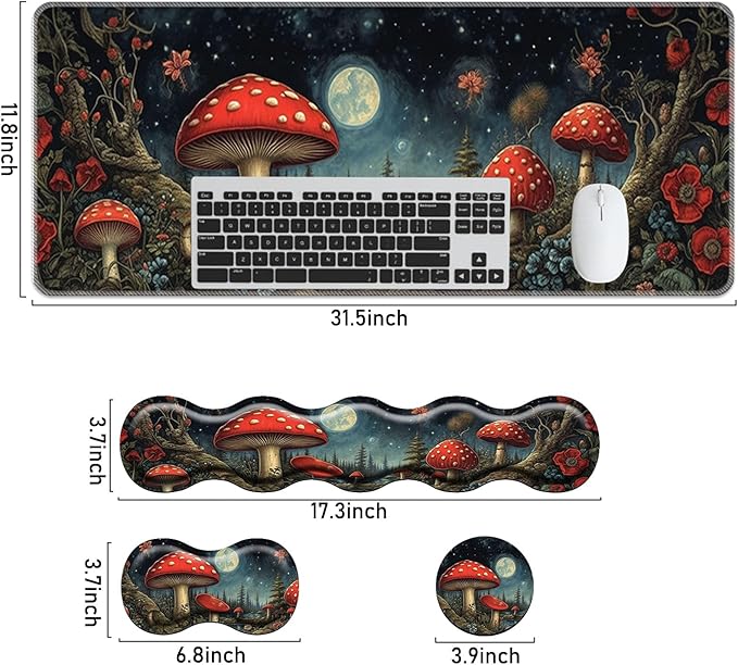 Keyboard Mouse Pad Set,Large Mouse Pad+Keyboard Wrist Rest+Wrist Support+Coaster,31.5x11.8in Extended Desk Mat for Computer Laptop Office Home-Mushroom Forest