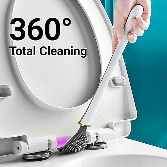 Flexible Silicone Toilet Brush and Holder Set Wall Mounted, Auto Closing TPR Brush Head for Deep Cleaning, Space Saving Bathroom Essentials with Adhesive Mounts (No Drilling) (2, White Milk)