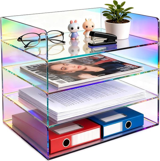 Gelite Acrylic File Organizer for Desk 4 Tiered Stackable Letter Tray Office Paper Storage Desktop Document Sorter, Iridescent