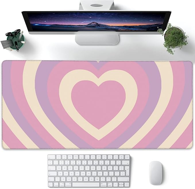 Desk Pad, Cute Retro Hearts Pattern Extended Large Gaming Mouse Pad for Desk XXL, Large Desk Mat for Desktop with Non-Slip Rubber Base Stitched Edges for Computer Keyboard Home Office 35.4"X15.7"