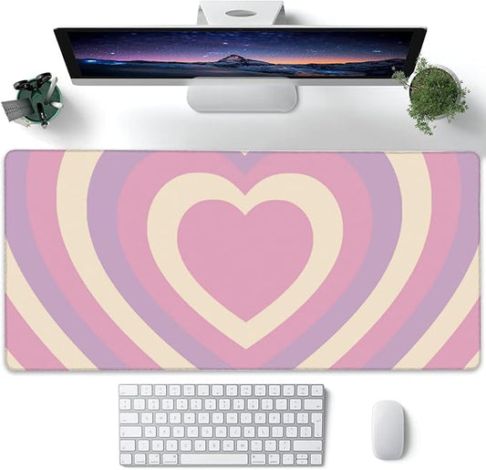 Desk Pad, Cute Retro Hearts Pattern Extended Large Gaming Mouse Pad for Desk XXL, Large Desk Mat for Desktop with Non-Slip Rubber Base Stitched Edges for Computer Keyboard Home Office 35.4"X15.7"