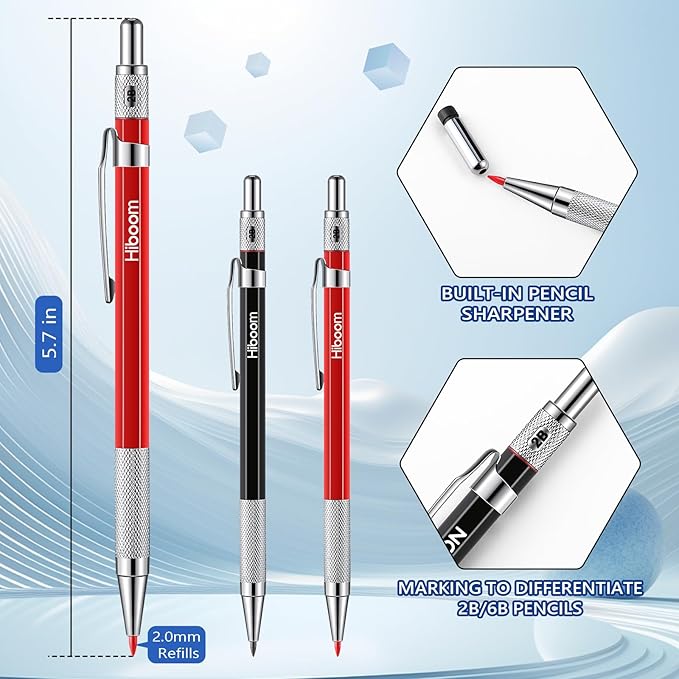 Hiboom 10 Pack Carpenter Pencils Mechanical Set, Construction Pencils with 36 Refill, Automatic Center Punch and Carbide Scribe Tool, Mechanical Pencil for Woodworking, Best Carpenters Marking Tool