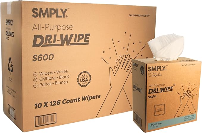 Dri-Wipe S600 by SMPLY Brands – All-Purpose Disposable Wipes, 10 Boxes of 126 (1,260 Total), Strong Alternative to Shop Towels & Paper Towels, 8" x 14" Center-Pull Sheets