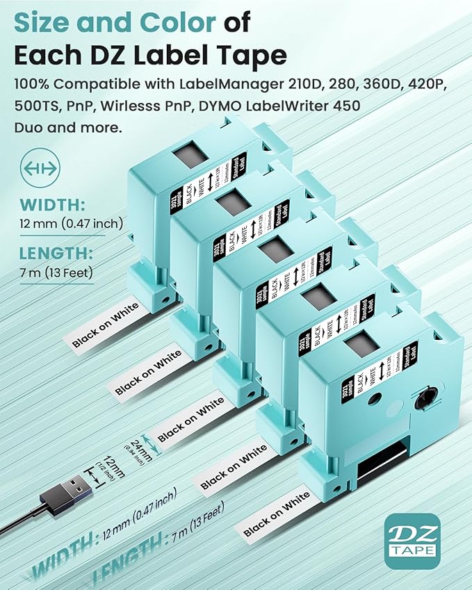 LM1600 D1600 Label Maker Tapes Compatible DYMO D1 Label Tape 45013 S0720530 Replace for D1 A45013 Refills, for DYMO LabelManager 160 420P 210D 280 360D PnP, Black on White, 1/2 Inch x 23Ft