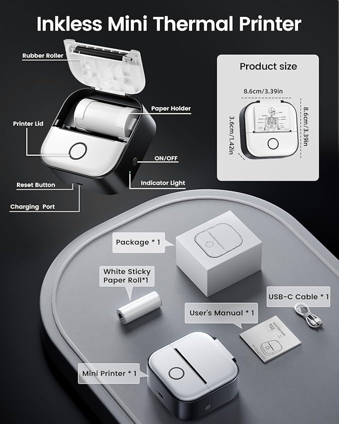 Memoking Mini Printer - Sticker Printer T02 Thermal Sticker Maker Machine Mini Portable Pocket Machine Inkless Label Maker for Anatomy Flashcard, Journal, Note, Receipt, Kids, Black