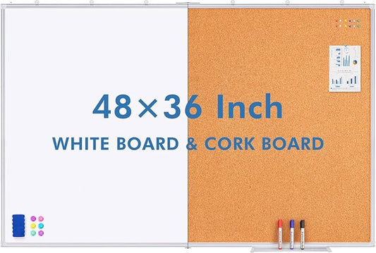 Magnetic White Board and Cork Board Combo, 48 X 36 inches Whiteboard Bulletin Combination Board, Wall Mounted Dry Erase Message Board for Home, School and Office