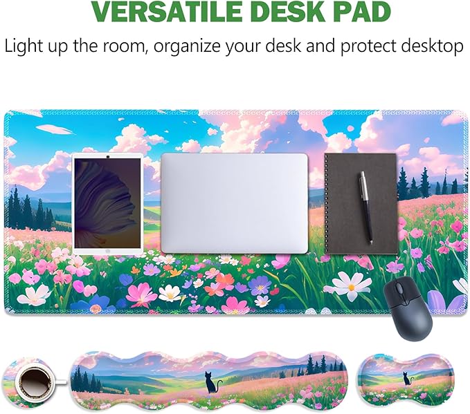 ARTSO Keyboard Wrist Rest Large Mouse Pad Wrist Support, 4 in 1 Memory Foam Keyboard Pad Desk Mat Set, Ergonomic Wrist Rest Cushion for Home Office Gaming-Cat and Flower Sea