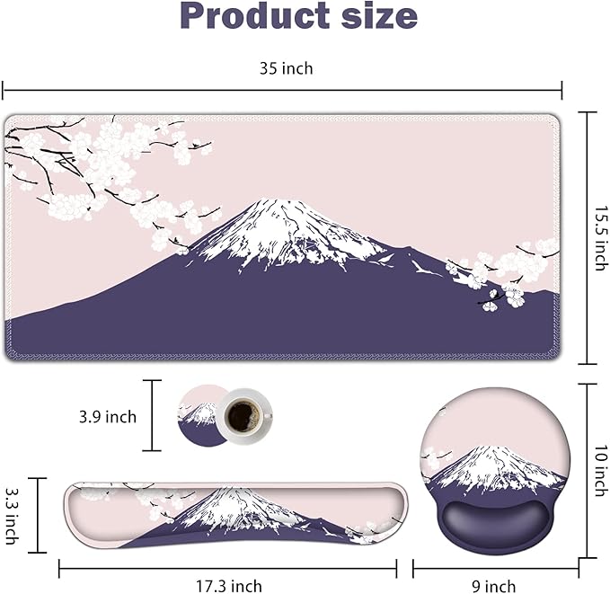 ARTSO Large Mouse Pad Set Ergonomic Keyboard Wrist Rest Support, Memory Foam Gel Wrist Pad, Non-Slip Extended Desk Mat Protector, Pink Sakura Fuji Mountain