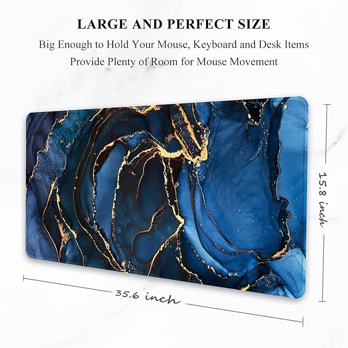 Auhoahsil Large Mouse Pad, XXL Desk Pad, Extened 35" x 15", Non-Slip Rubber Base, Stitched Edges, Superior Surface, Waterproof Keyboard Mat, Large Mousepad for Gamer, Office & Home, Dark Blue Marble