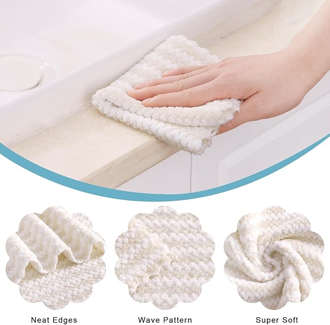 Homaxy 12 Pack Kitchen Dish Cloths, Ultra Soft and Absorbent Dish Towels, Reusable Fast Drying Microfiber Cleaning Cloth, Coral Velvet Wave Design No-lint, 10 x 10 inches, Beige