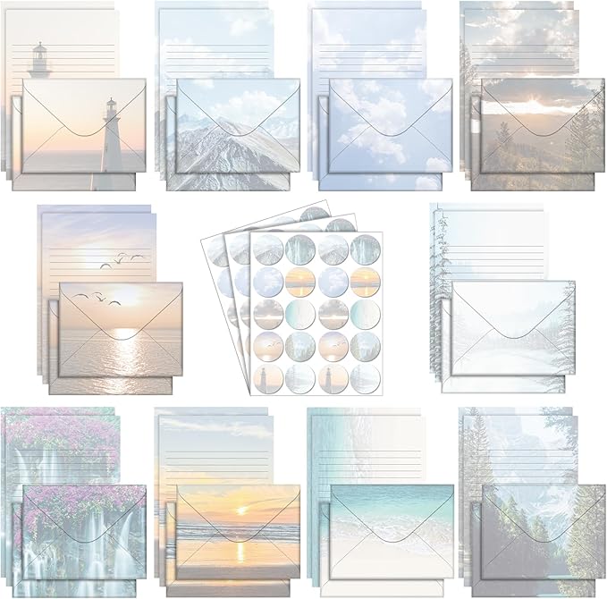 TaoBary 160 Pcs Stationery Paper Set 50 Double Sided Stationery Papers with 50 Matching Envelopes and 60 Round Dot Sticker, 10 Design(Scenic Nature,5.5 x 8.25 Inch)