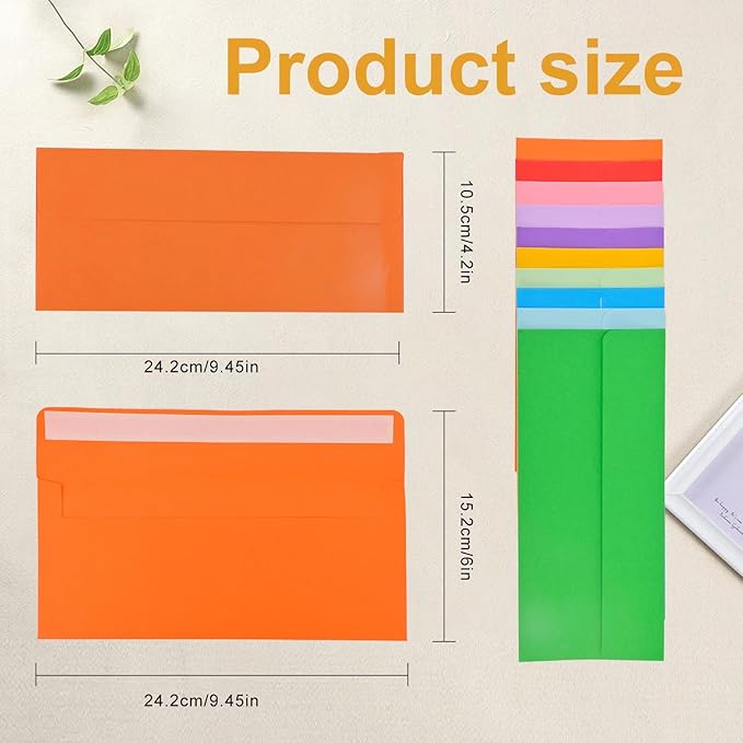 50 packages #10 Business envelopes, Mailing Envelopes, Self-adhesive standard Envelopes, for personal and business use, checks, mailing letters, invoices,4 1/8 x 9 1/2 inches (colored)