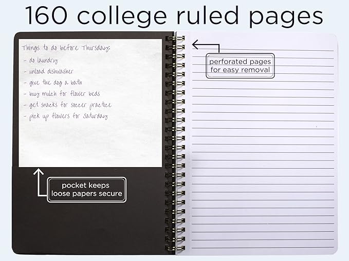 Steel Mill & Co Cute Black Mini Spiral Notebook, 8.25" x 6.25" Journal with Durable Hardcover and 160 Lined Pages, Linear Gold Floral