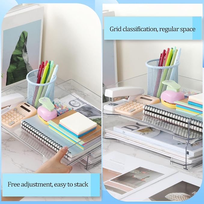 2 Pcs Stackable Letter Tray Rectangular Plastic Desk Organizer 13 x 9.5 x 2.6 in Paper Holder File Tray Accessories Rack for Desktop Office Desk Drawers (Clear)