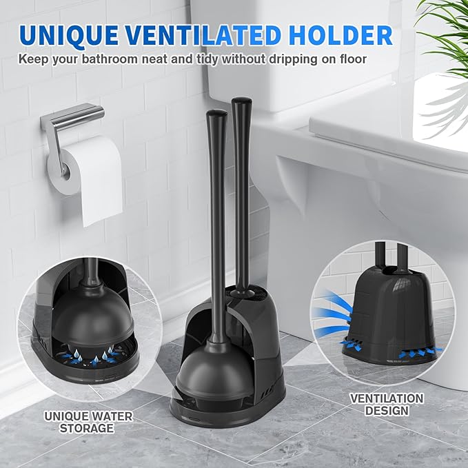 Toilet Plunger and Brush,2 Pack Bowl Brush and Heavy Duty Toilet Plunger Set with Ventilated Holder, 2-in-1 Toilet Brush and Plunger Combo for 5.3-inch Toilet Drain Bathroom Cleaning