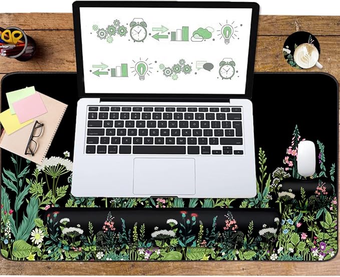 Keyboard Mouse Pad Set, Extended Mouse Pad+Keyboard Wrist Rest Support, Memory Foam Ergonomic Easy Typing, 3Pcs (35.4×15.7 in) Desk Pad Set for Home Office Study Game - Weeds