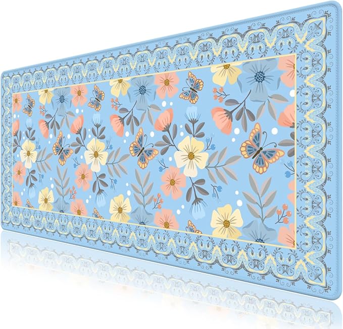 Blue Floral Desk Mat, Large Desk Matt for Desktop, Cute Women Deskpad Mat, XXL Big Mouse Pad for Deskpc, Anti-Slip Mousepad with Stitched Edges, Keyboard Pad Mouse pat Cover for Computer 35.4×15.7 in