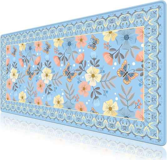 Blue Floral Desk Mat, Large Desk Matt for Desktop, Cute Women Deskpad Mat, XXL Big Mouse Pad for Deskpc, Anti-Slip Mousepad with Stitched Edges, Keyboard Pad Mouse pat Cover for Computer 35.4×15.7 in