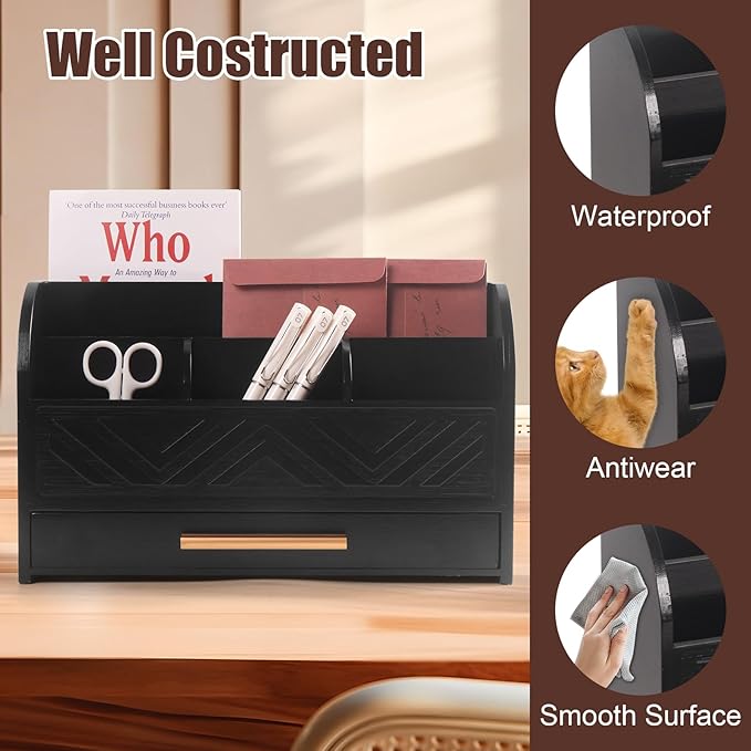 Mail Organizer Countertop Kitchen-Black Mail Holder Countertop Drawers Wood Desk Drawer Tabletop Storage Organization Pen Holder Letter Sorter Makeup Organizer for School Home Office Supplies