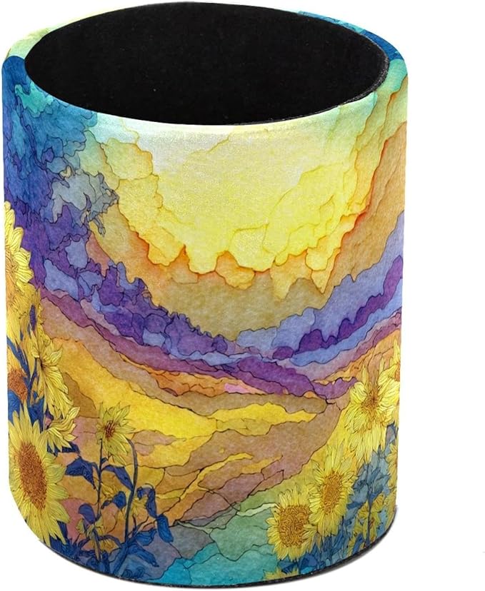 1 Pack Watercolor Art Sunflower Circular Pen & Pencil Holder - Durable PU Leather Pencil Cup, Desk Accessories Organizer for Office Desk School Home