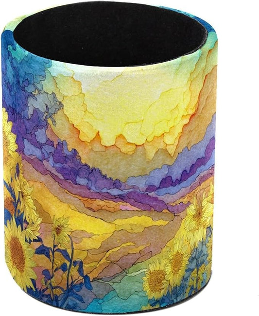 1 Pack Watercolor Art Sunflower Circular Pen & Pencil Holder - Durable PU Leather Pencil Cup, Desk Accessories Organizer for Office Desk School Home