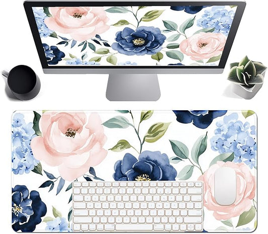 Floral Large Desk Mat 31.5 x 15.7 inch, Waterproof Extended Gaming Mousepad XXL, Aesthetic Flowers Desktop Mat, Non-Slip Keyboard and Laptop Pad, Computer Writing Mat for Home Office Accessories