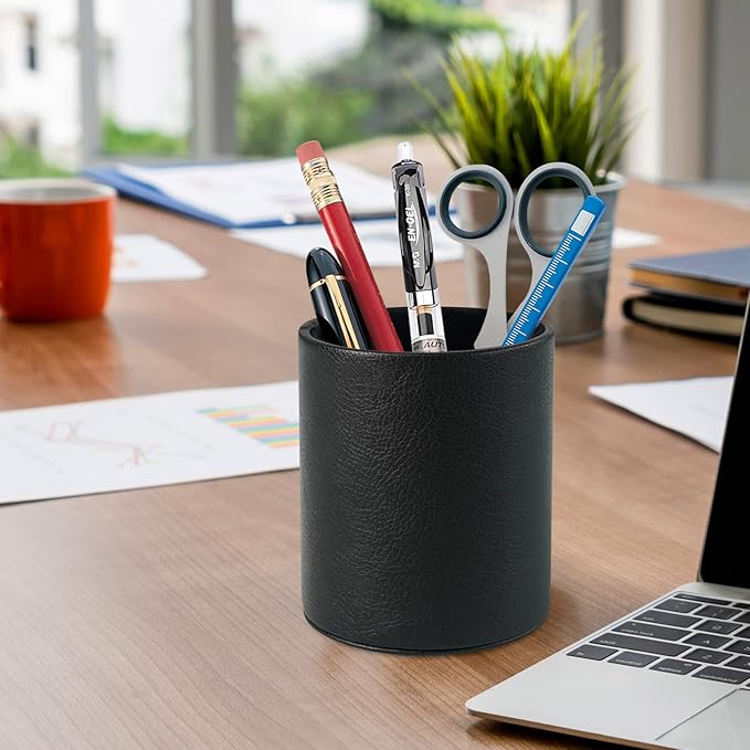 Pen Holder PU Leather Pencil Desk Stand for School/Office/Home (Black)