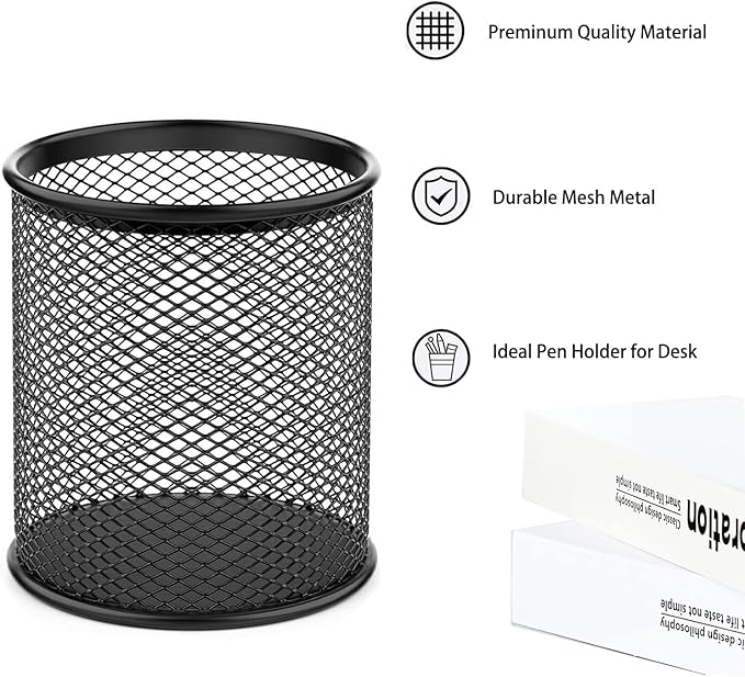 Pen Holder Mesh Pencil Holder Metal Pen Holder Cup Pencil Cup Holder for Desk Office Pen Organizer Black, 4 Pack