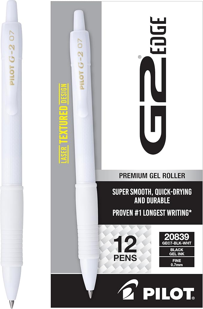 PILOT G2 Premium Gel Roller Pens, Edge White Pen, Sensory Writing Experience, Fine Point 0.7 mm, 12ct Box - Ideal for School, Journaling & Office Writing