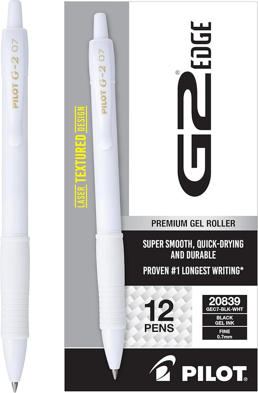 PILOT G2 Premium Gel Roller Pens, Edge White Pen, Sensory Writing Experience, Fine Point 0.7 mm, 12ct Box - Ideal for School, Journaling & Office Writing