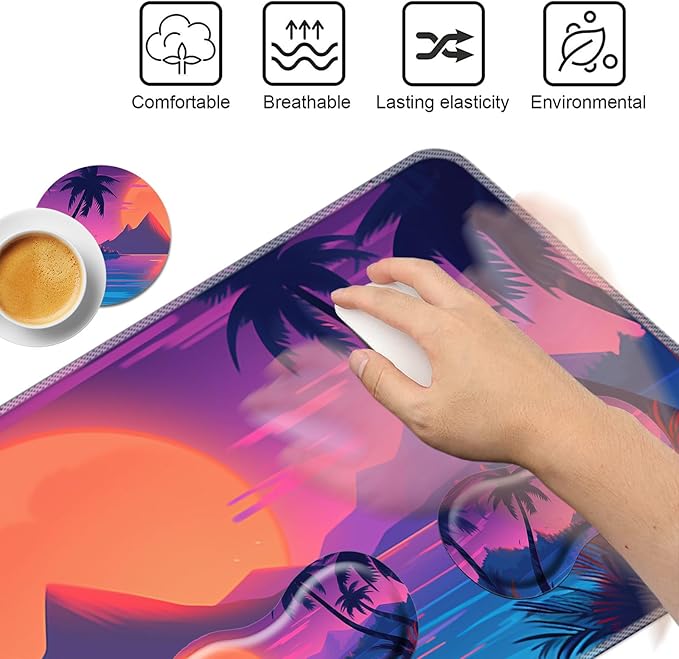 Keyboard Mouse Pad Set,Large Mouse Pad+Keyboard Wrist Rest+Wrist Support+Coaster,31.5x11.8in Extended Desk Mat for Computer Laptop Office Home-Sunset Beach Palm Trees