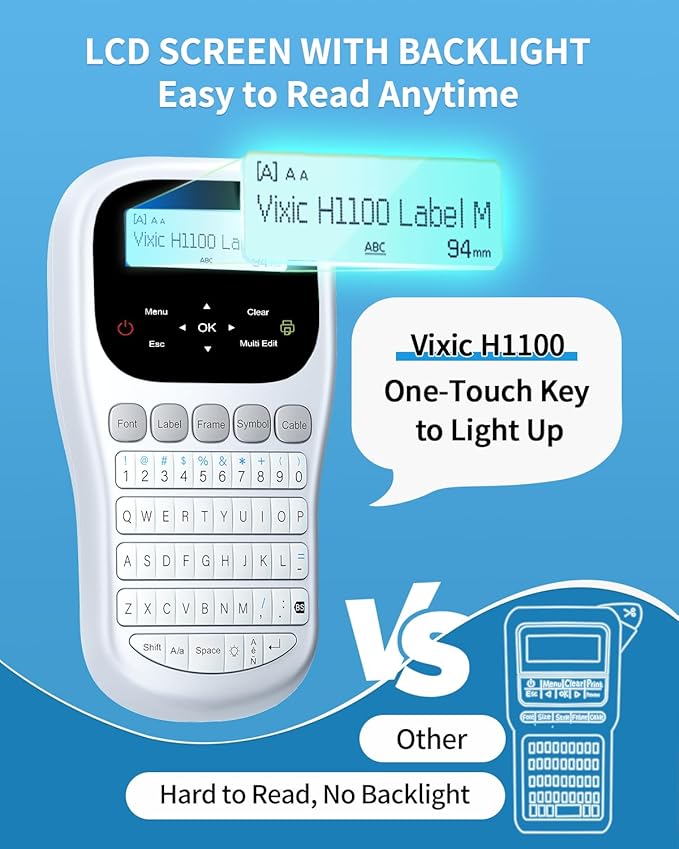 Vixic Label Maker, H1100 Label Maker Machine with-Tape, Portable Label Machine with Backlight Screen, Handheld Labeler Includes USB-C for Power, Multiple Font Icon for School Office Organization