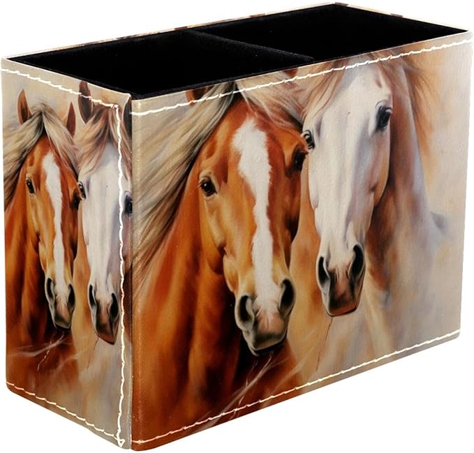 Pen Holder, Pencil Holder for Desk, Horse, Makeup Brush Organizer with 2 Compartments for Office Home Desk Accessories