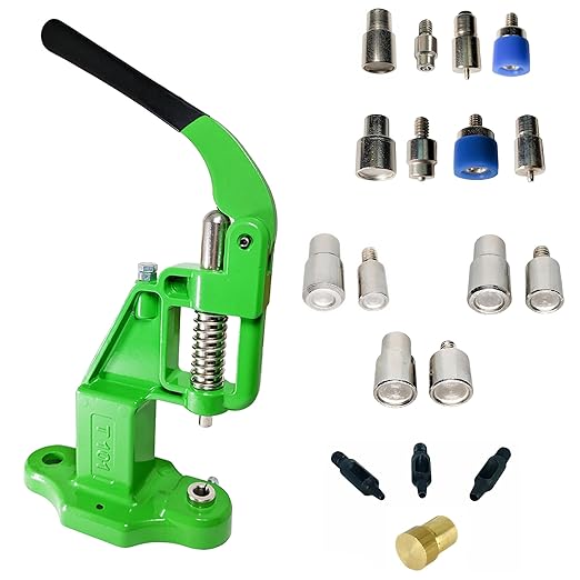 Snaps'N'Rivets Hand Press Kit with 2 Utility Snap Dies and 3 Double Capped Rivet Dies and 3 Hole Punches(Green Press)