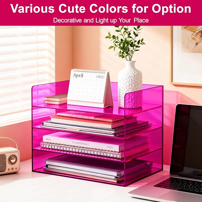 Gelite Acrylic File Organizer for Desk 4 Tiered Stackable Letter Tray Office Paper Storage Desktop Document Sorter, Purple