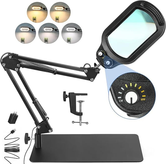 10X Rectangle Magnifying Glass with Light and Stand, Real Glass Lighted Magnifier Hands Free, Mechanical Knob 5 Color Modes Stepless Dimmable, 2-in-1 LED Desk Lamp with Clamp for Close Work, Reading